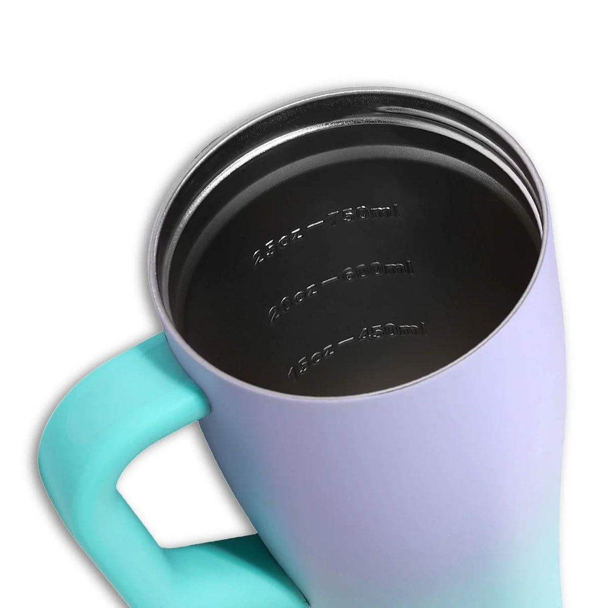 Close-up of a mug with a turquoise handle on a white background showing volume markings on the inside.