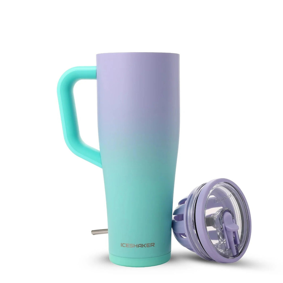 40oz insulated travel tumbler with a lavender-to-teal gradient finish, featuring a matching teal handle and a separate purple lid with a straw, shown on a white background.