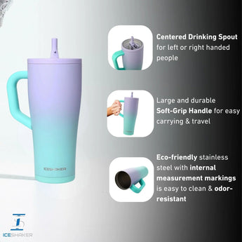 A tall insulated tumbler with a handle and straw  shown on a clean white studio background. The tumbler has a lavender-to-turquoise gradient finish and features the Devotion Nutrition logo and name on the front  with the Icesmoker brand name near the bottom.