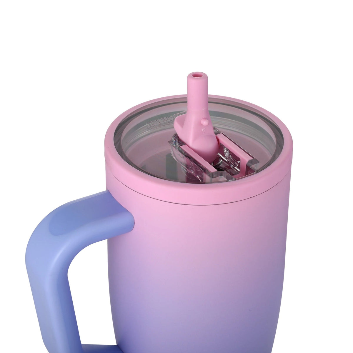 Gradient pink to blue mug with a straw lid on a white background