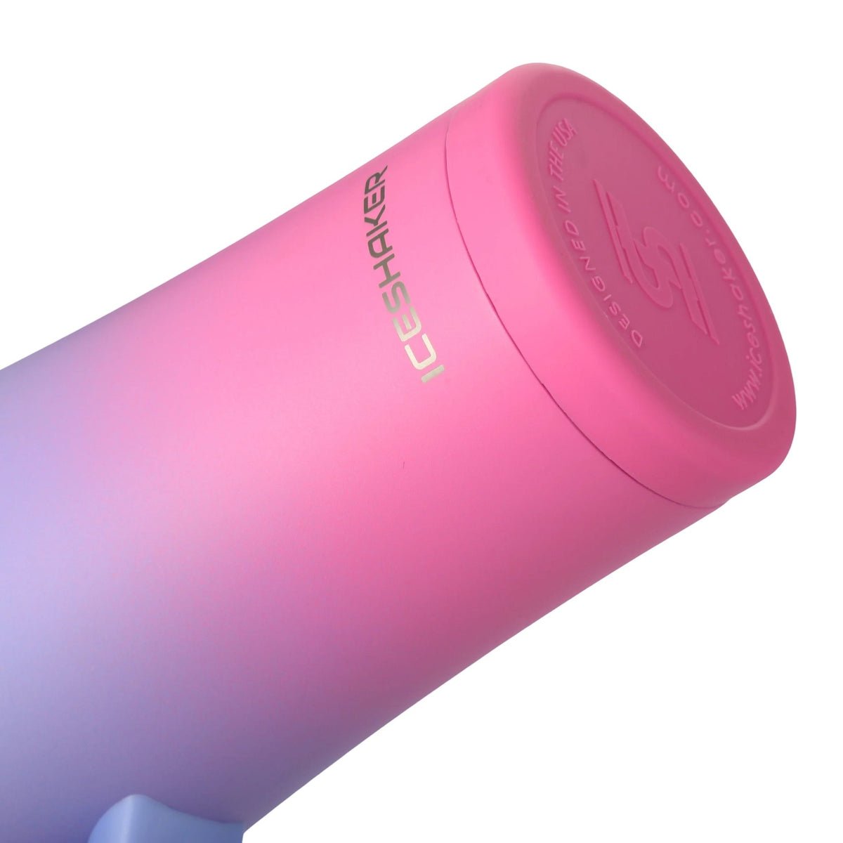 Gradient pink to purple tumbler with 'Ice Shaker' branding on a white background