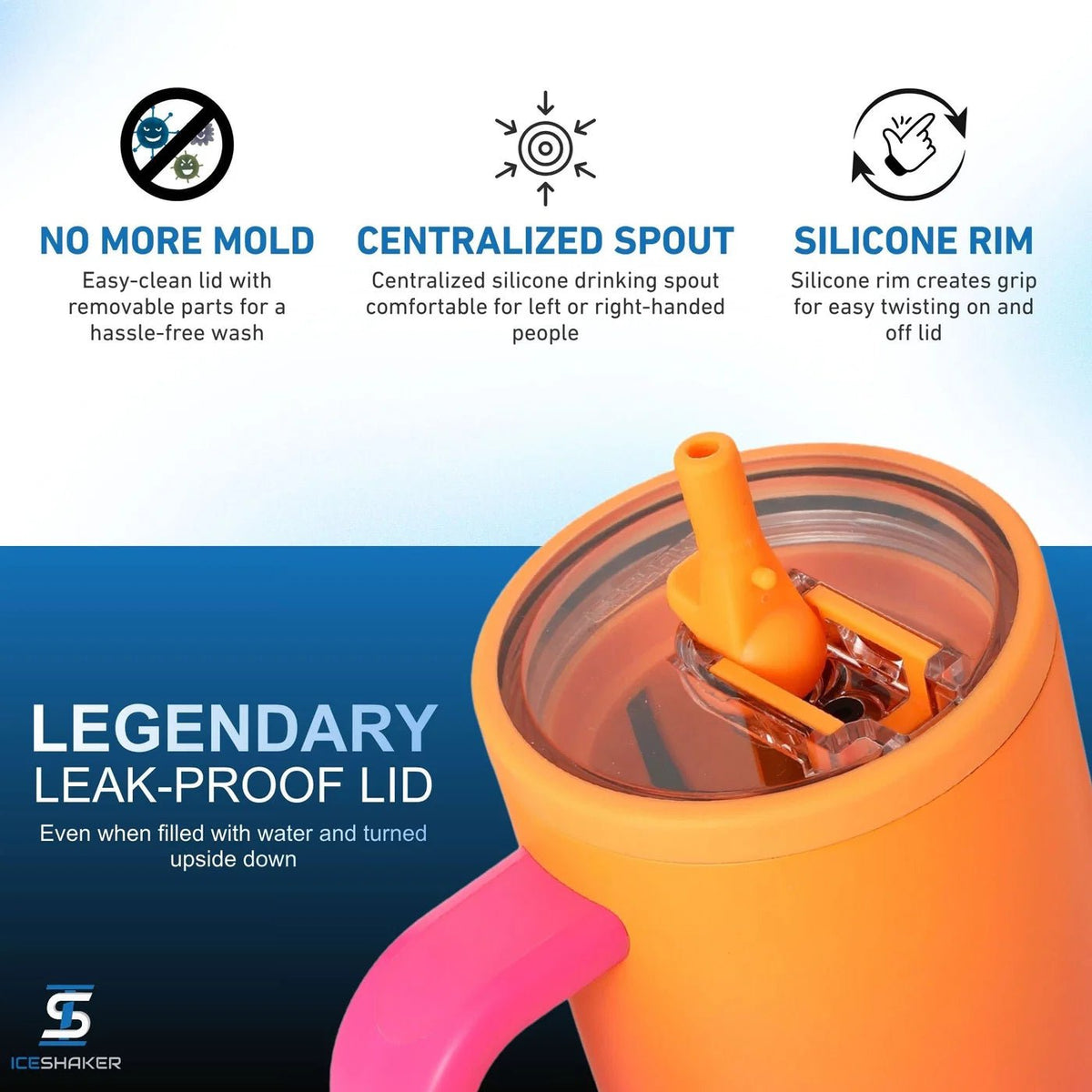 An orange insulated tumbler with a bright pink handle and an orange silicone lid, shown on a blue-to-white gradient background with feature callouts: 'NO MORE MOLD,' 'CENTRALIZED SPOUT,' and 'SILICONE RIM.'.