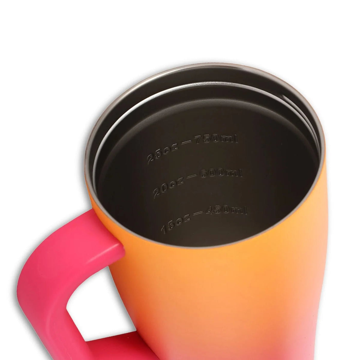 Colorful mug with a gradient from pink to orange showing volume markings on the inside.