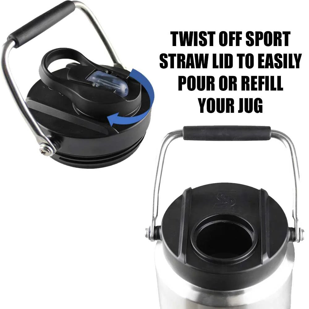 Black and silver twist-off sport straw lid with text on a white background
