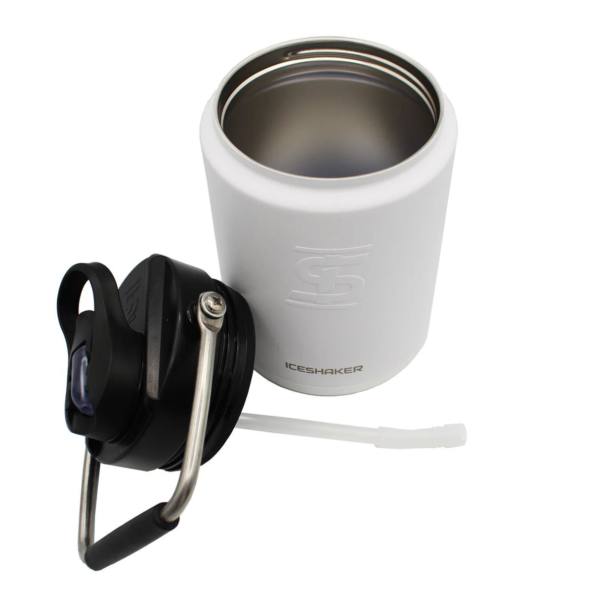 White insulated tumbler with black lid and straw on a white background