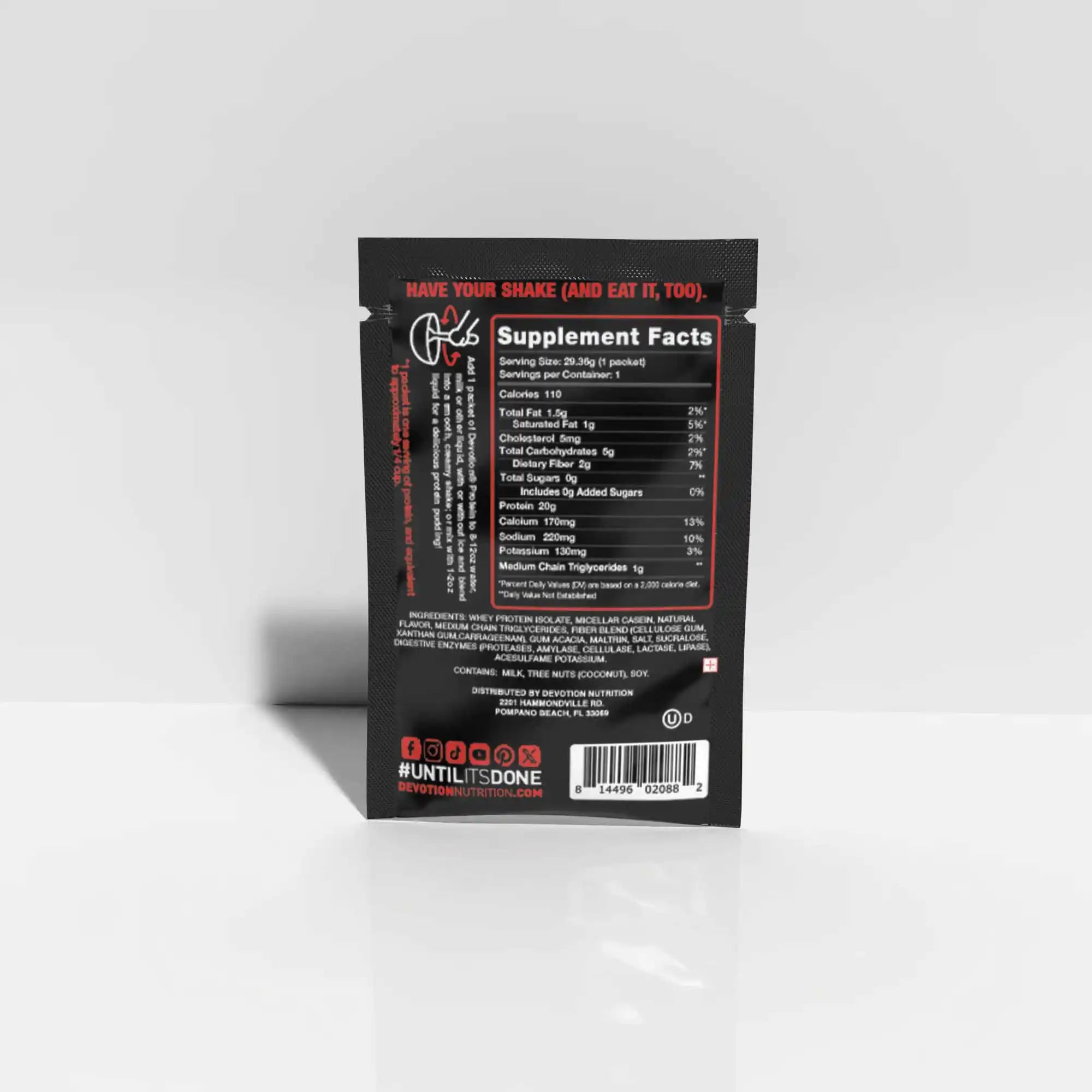 Supplement facts label on a black package with red text against a white background