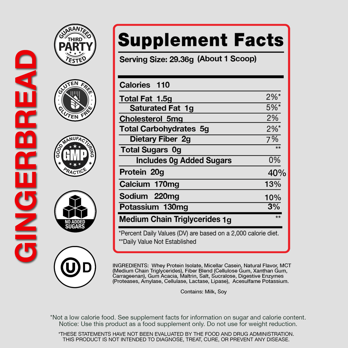 Supplement facts label for gingerbread flavor on a gray background