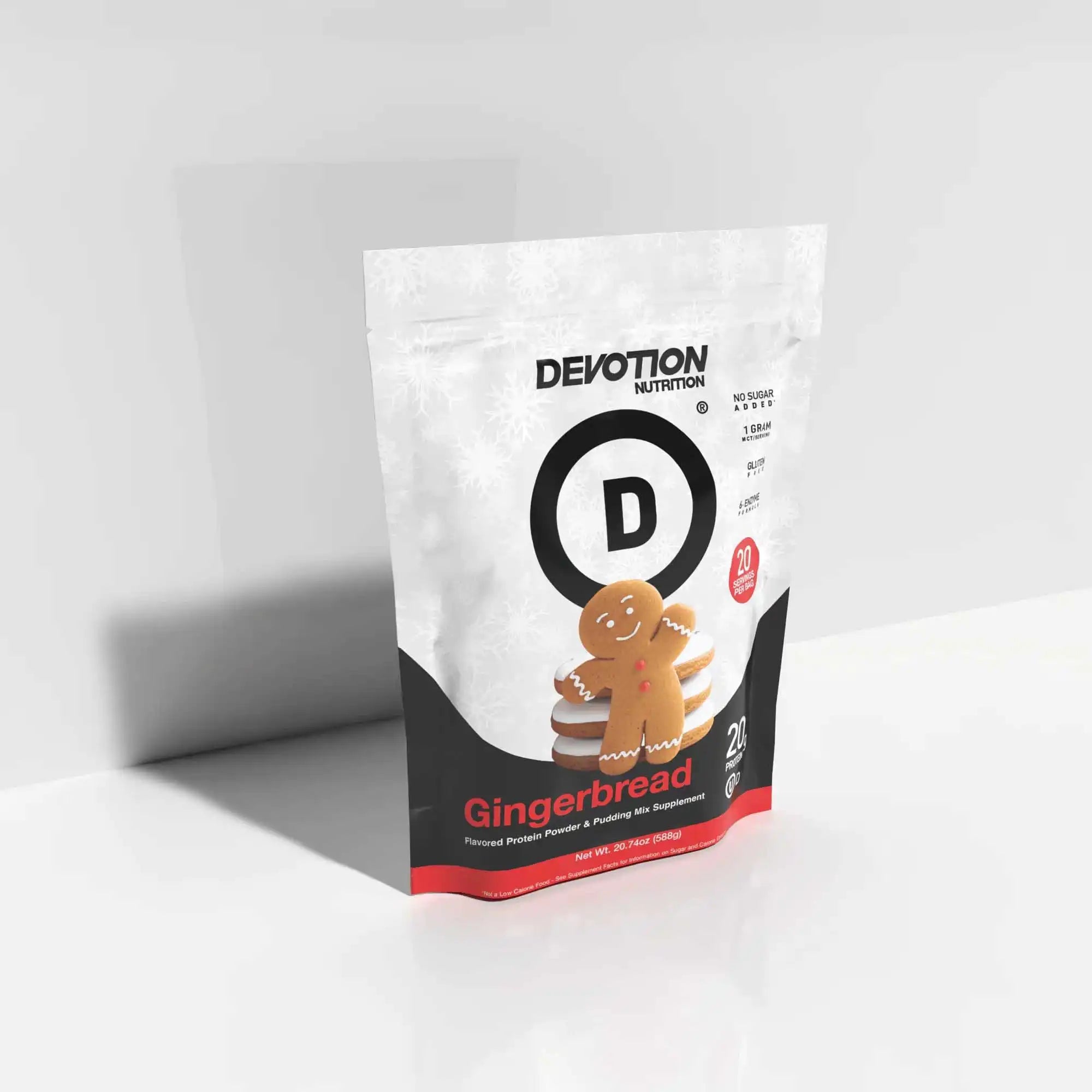 Bag of Devotion Nutrition Gingerbread flavor protein powder on a white background