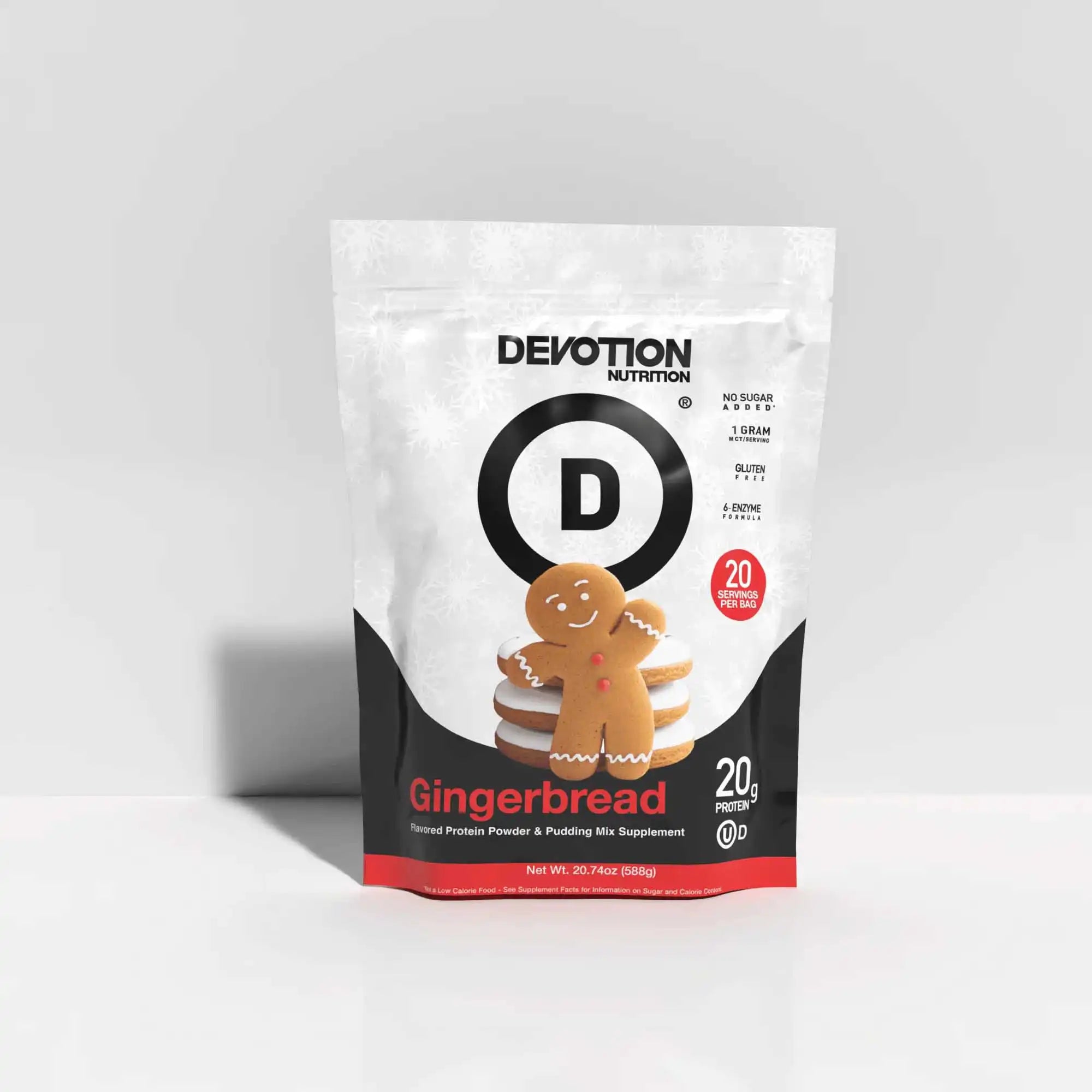 Devotion Nutrition Gingerbread flavored protein powder package on a white background