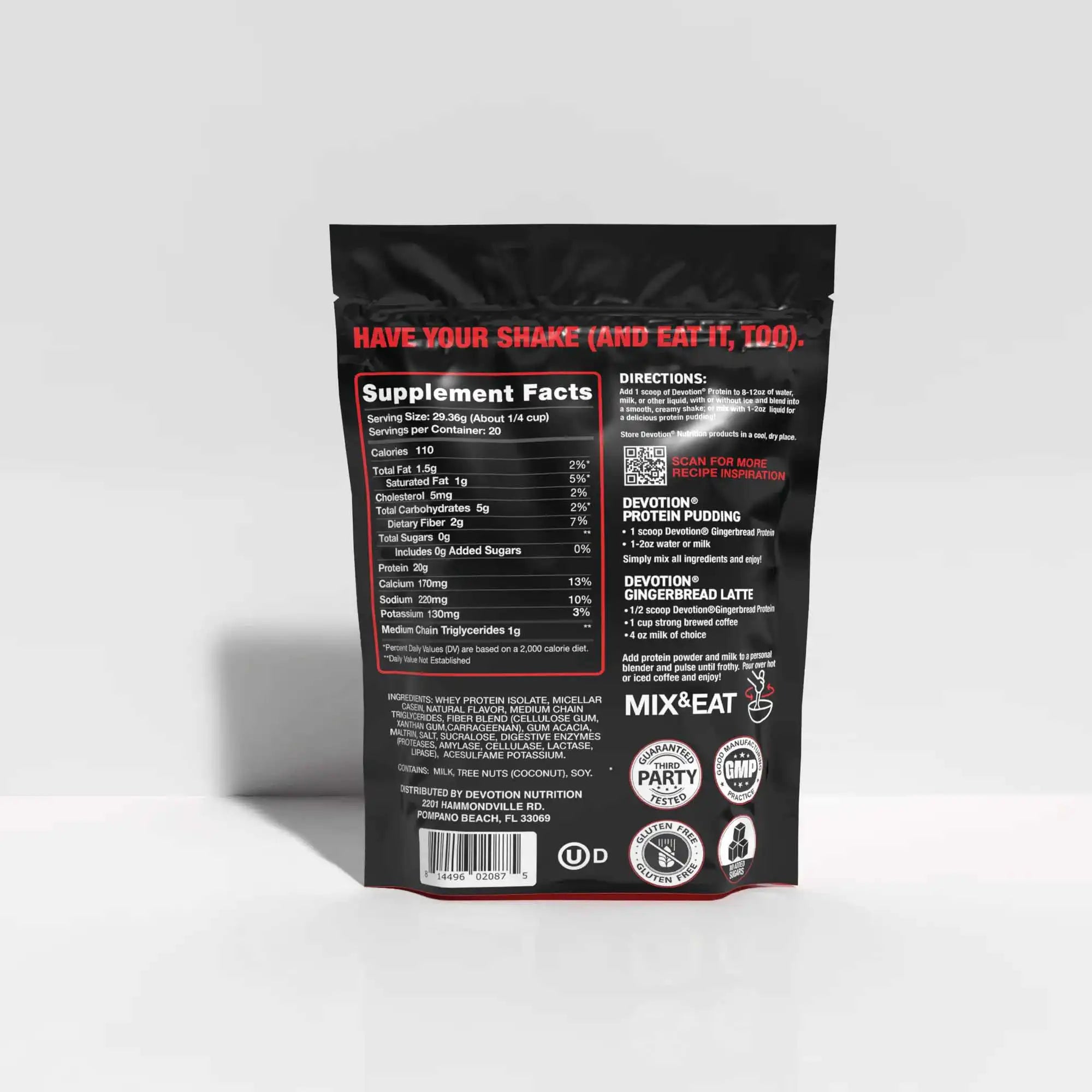 Black supplement package with red and white text on a gray background