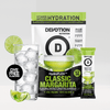 Devotion Nutrition HydroFlex Classic Margarita flavored drink mix packaging shown with a glass of iced water garnished with lime slices and a small packet, on a light gray background.