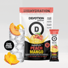 A Devotion Nutrition HydroFlex Peach Mango flavored water and smoothie enhancer pack, shown with a large 12-count bag, a single stick packet, and a glass of iced water garnished with peach slices on a light gray background.