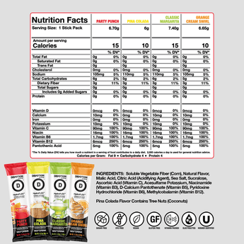 A Devotion Nutrition HydroFlex Variety Pack mix drink pouch and single-serve packets displayed with a glass of water and fruit garnish on a light gray background.