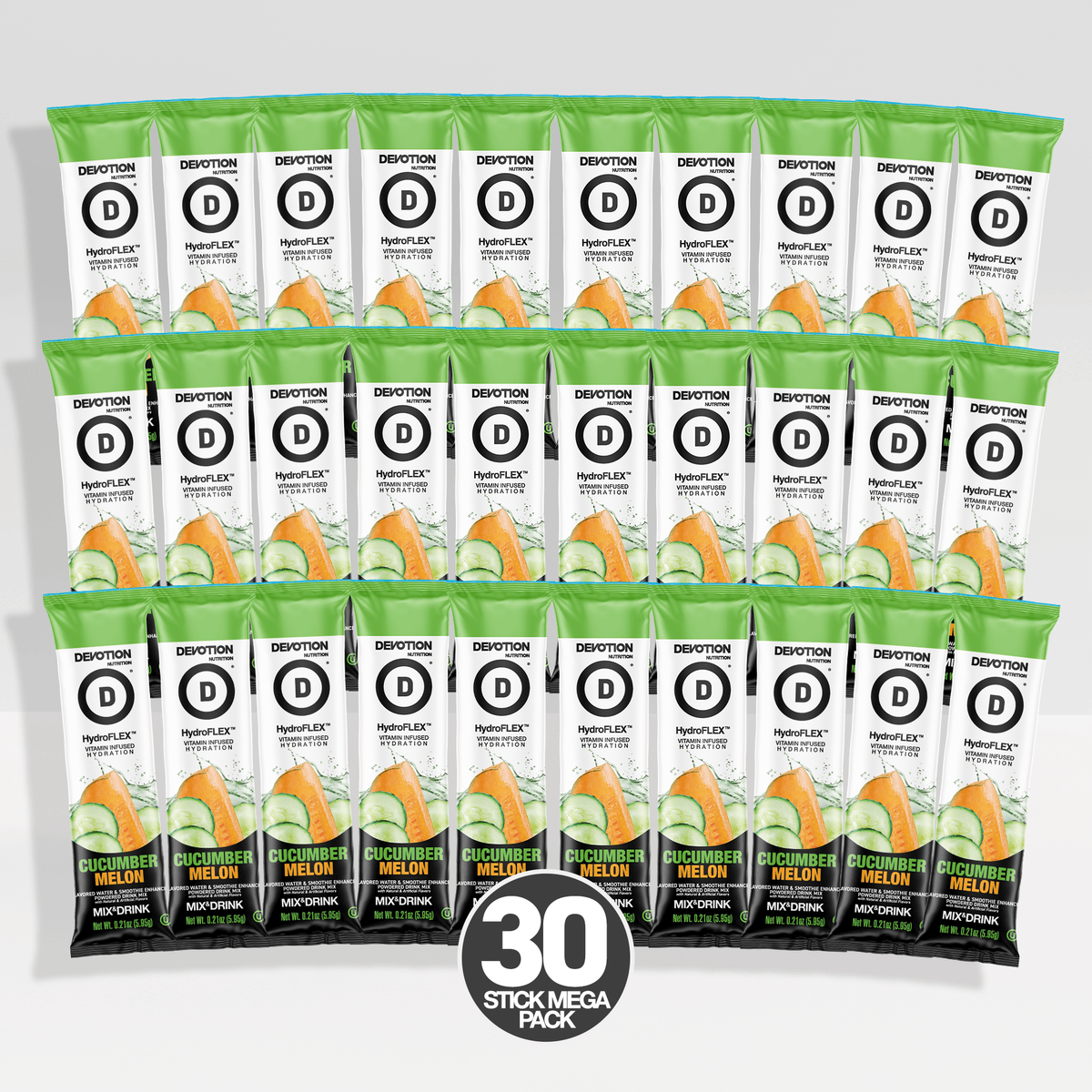 Thirty Devotion Cucumber Melon Stick packets arranged in a 3-by-10 grid on a light gray background, with a black circular badge at the bottom center reading '30 STICK MEGA PACK'.