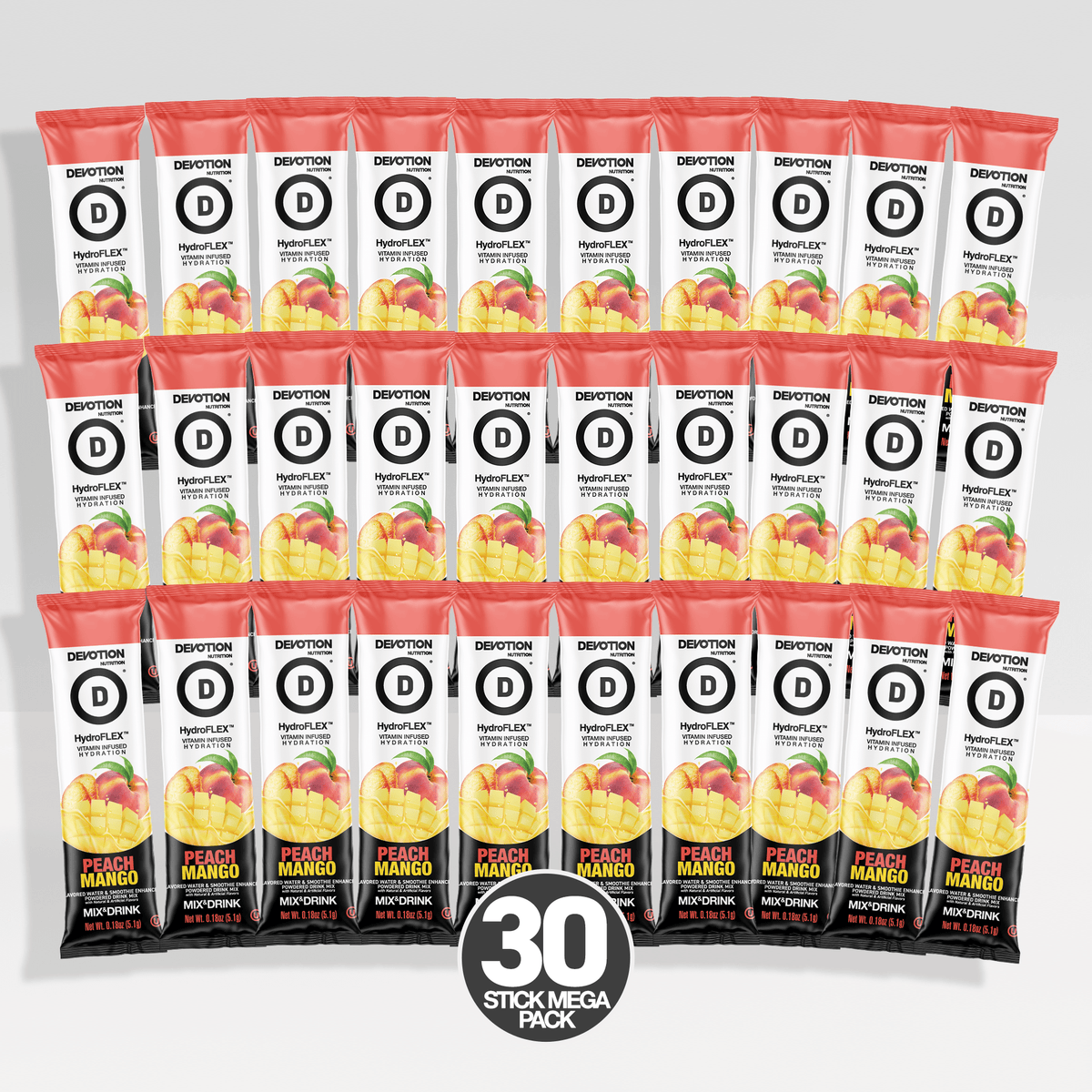 Thirty Devotos MagicFLEX Stick Pack peach mango flavored sticks arranged in a 5-by-6 grid, with a black circular '30 STICK PACK' badge at the bottom center on a light gray background.