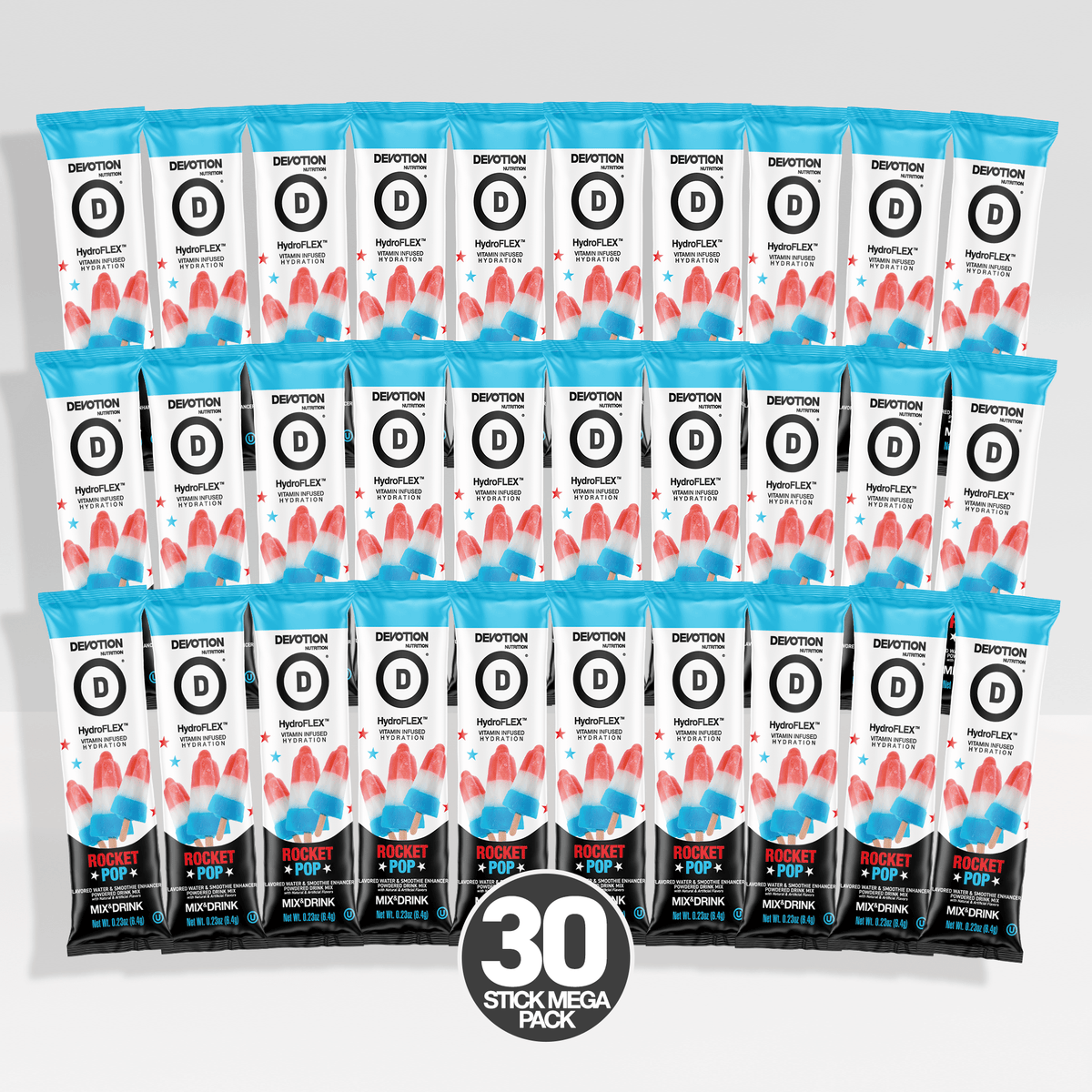Thirty individual packets of Devyn's 'D' Popper Popcorn in the Blue Popper flavor, arranged in a grid on a light gray background with a '30 STICK MEGA PACK' badge at the bottom.