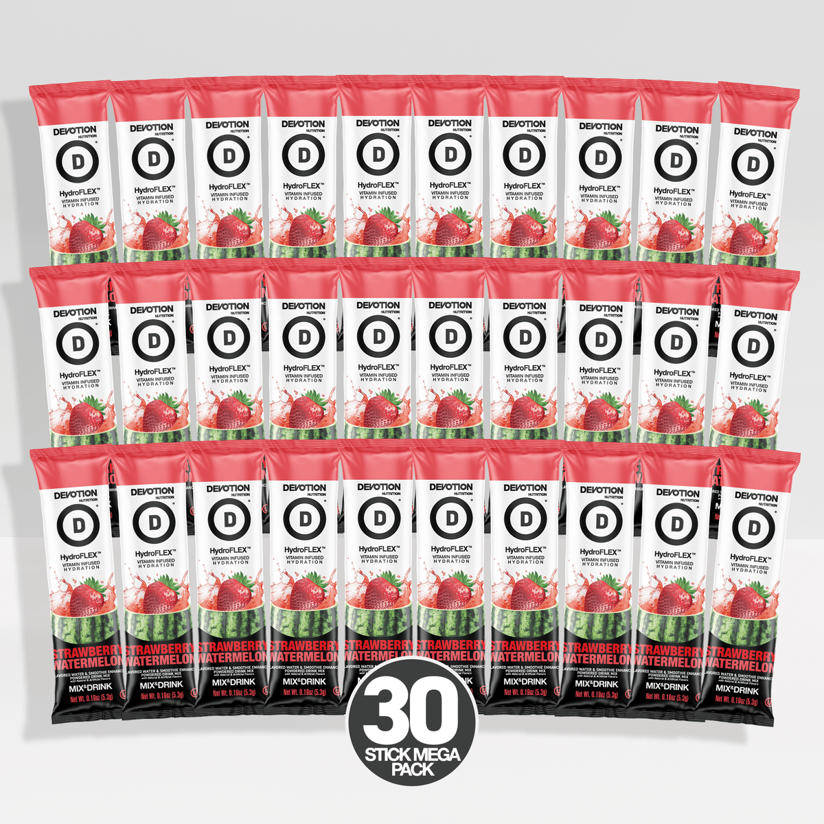 A bulk pack of 30 Devytson Strawberry Watermelon flavored stick packs arranged in a grid, with a '30 STICK MEGA PACK' badge at the bottom center.