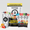 Devotion Nutrition HydroFlex Refreshing Variety Pack drink mix shown with a large black-and-yellow bag and four single-serve packets in blue, red, green, and orange flavors, alongside a glass of iced water with fruit garnish on a light gray background.