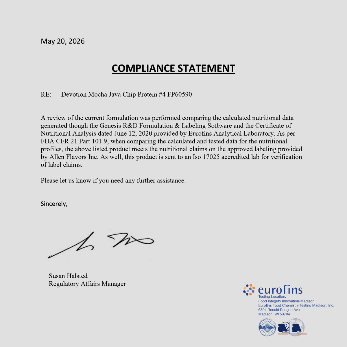 Compliance statement document with text and Eurofins logo on a gray background