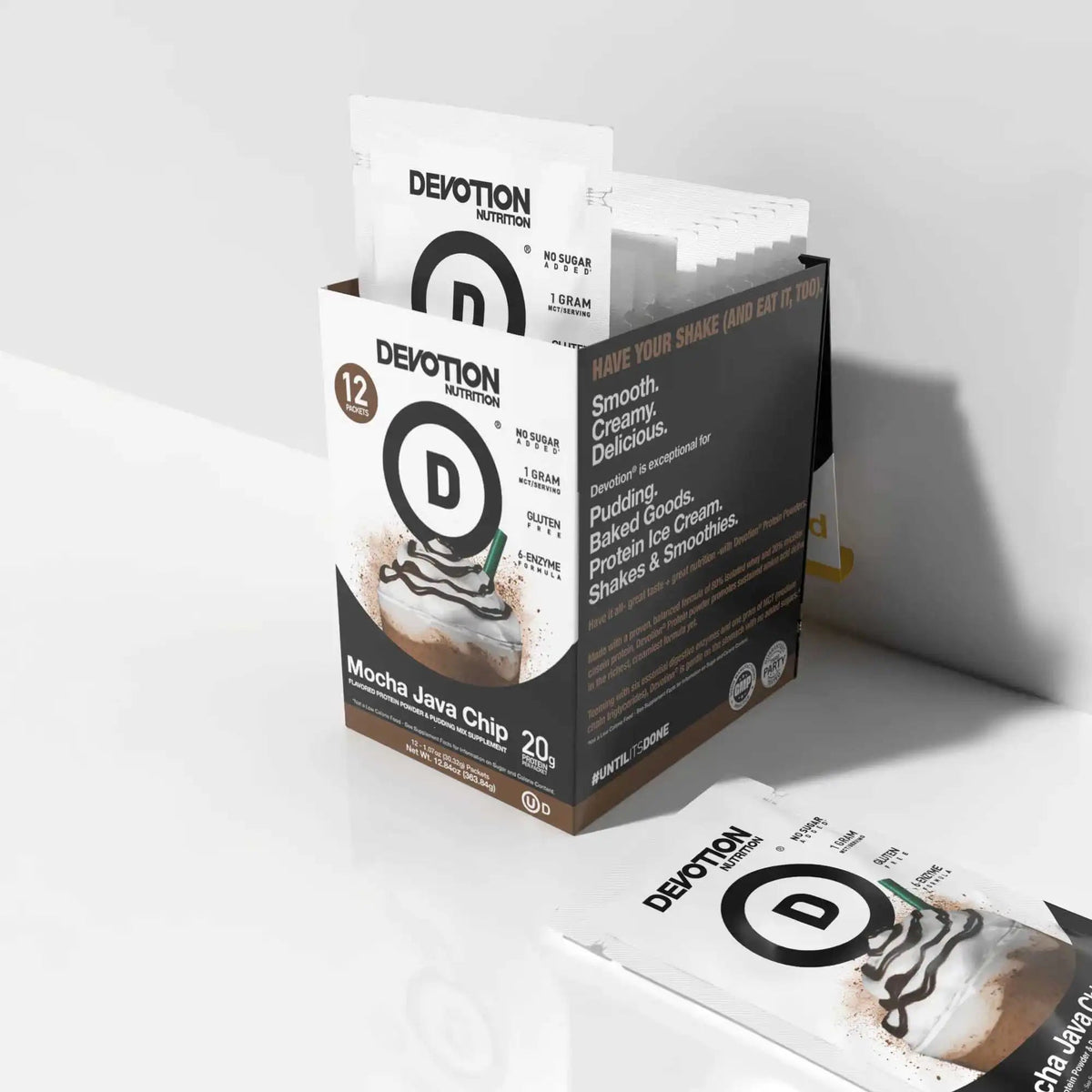 Devotion Nutrition Mocha Java Chip protein powder packaging on a white background