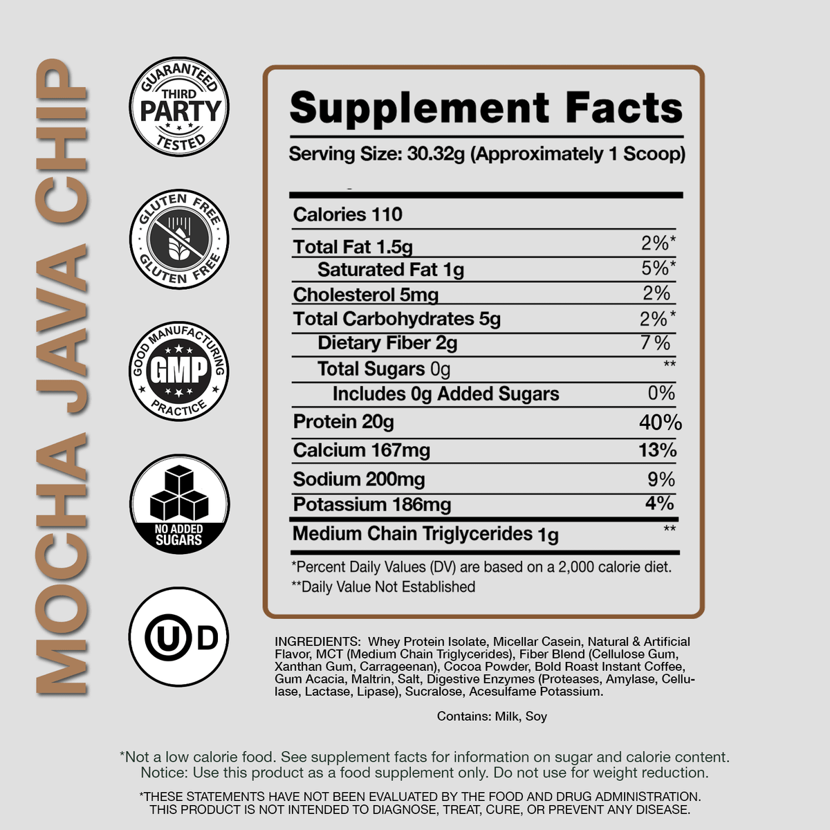 Supplement facts label for Mocha Java Chip with various certification logos on a light gray background.