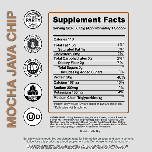 Supplement facts label for Mocha Java Chip with various certification logos on a light gray background.