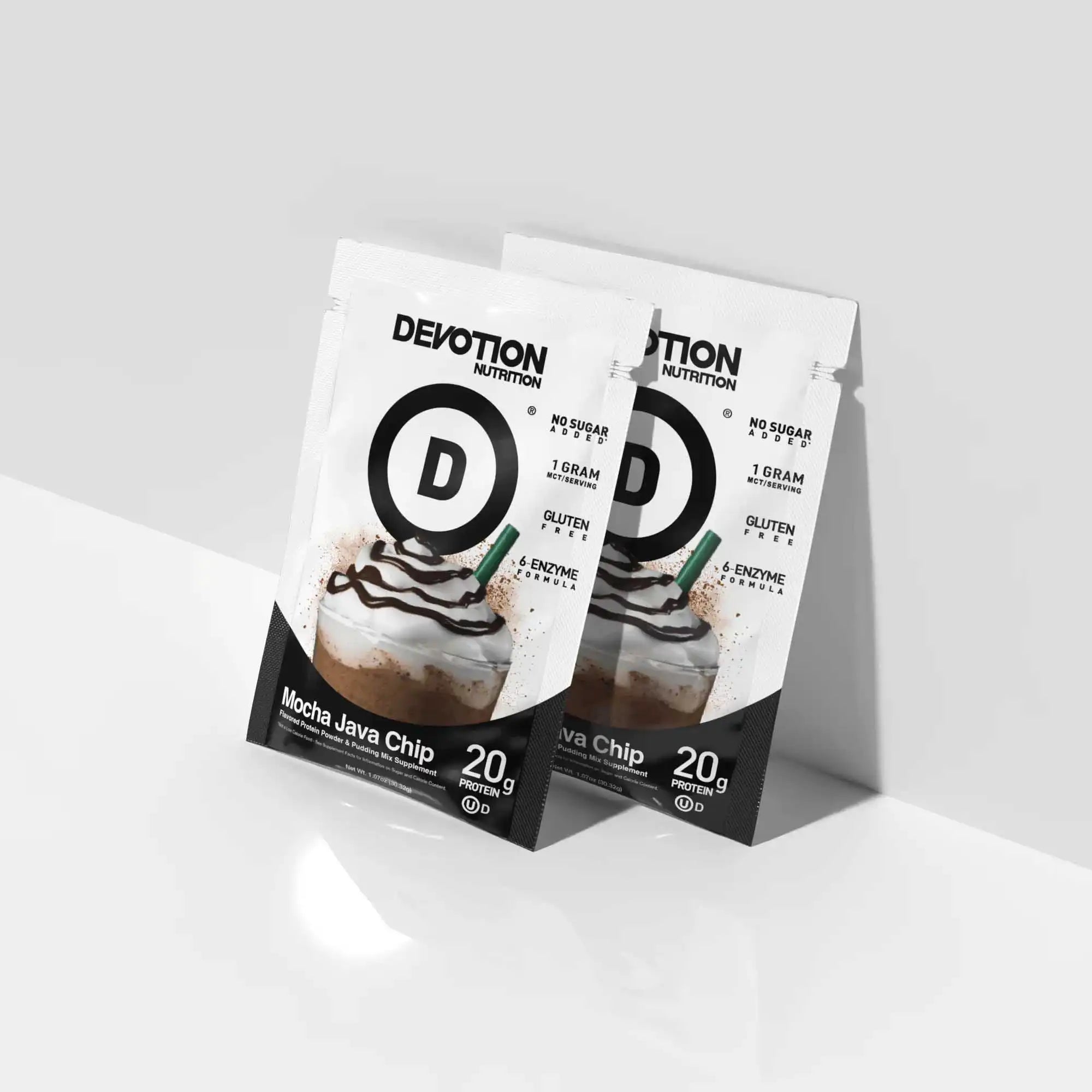 Two packages of Devotion Nutrition Mocha Java Chip on a white background