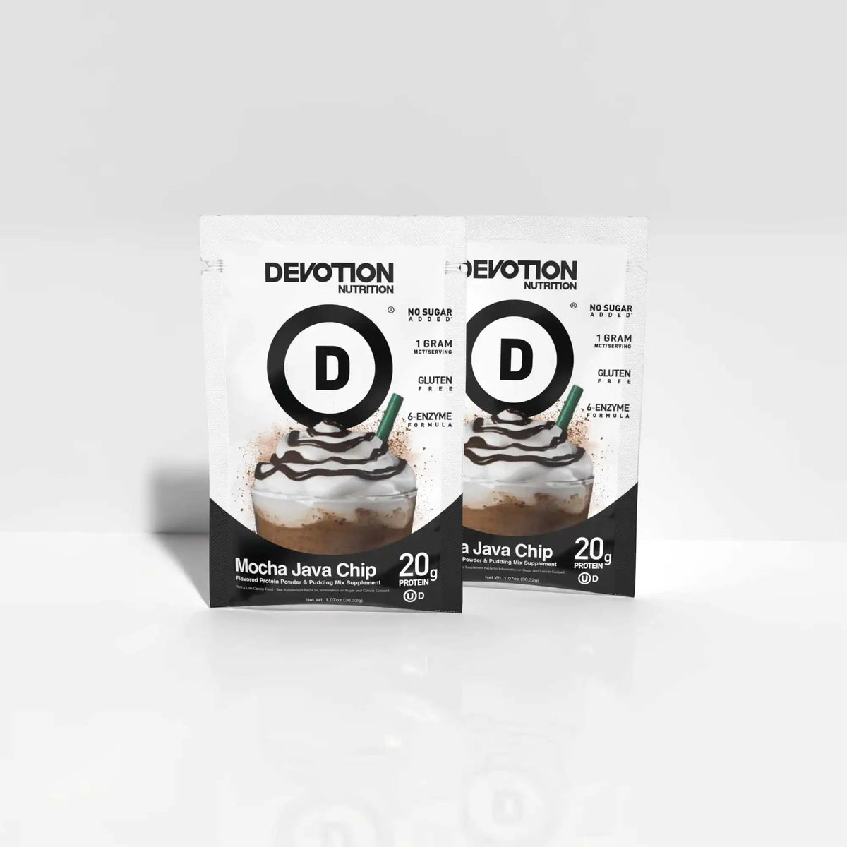 Two packages of Devotion Nutrition Mocha Java Chip on a white background