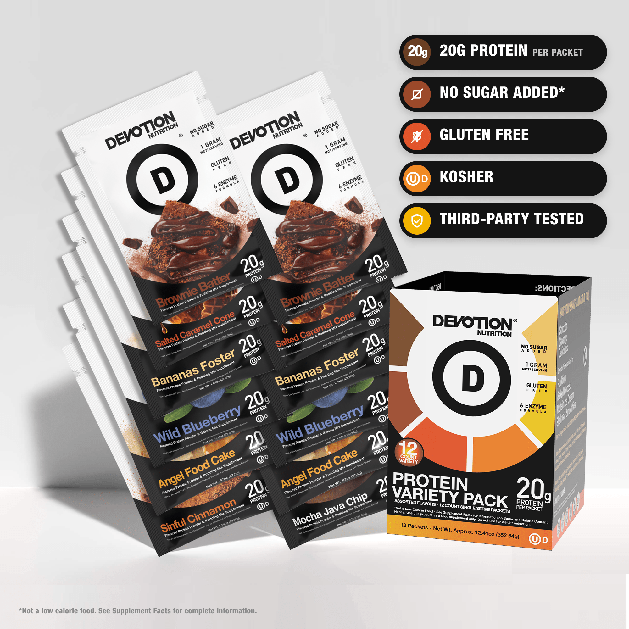 An image of the Devotion Nutrition | Protein Variety 12-Pack Bundle with 5 callouts, 20g protein per serving, no sugar added, gluten free, kosher and third party tested labels to the upper right.