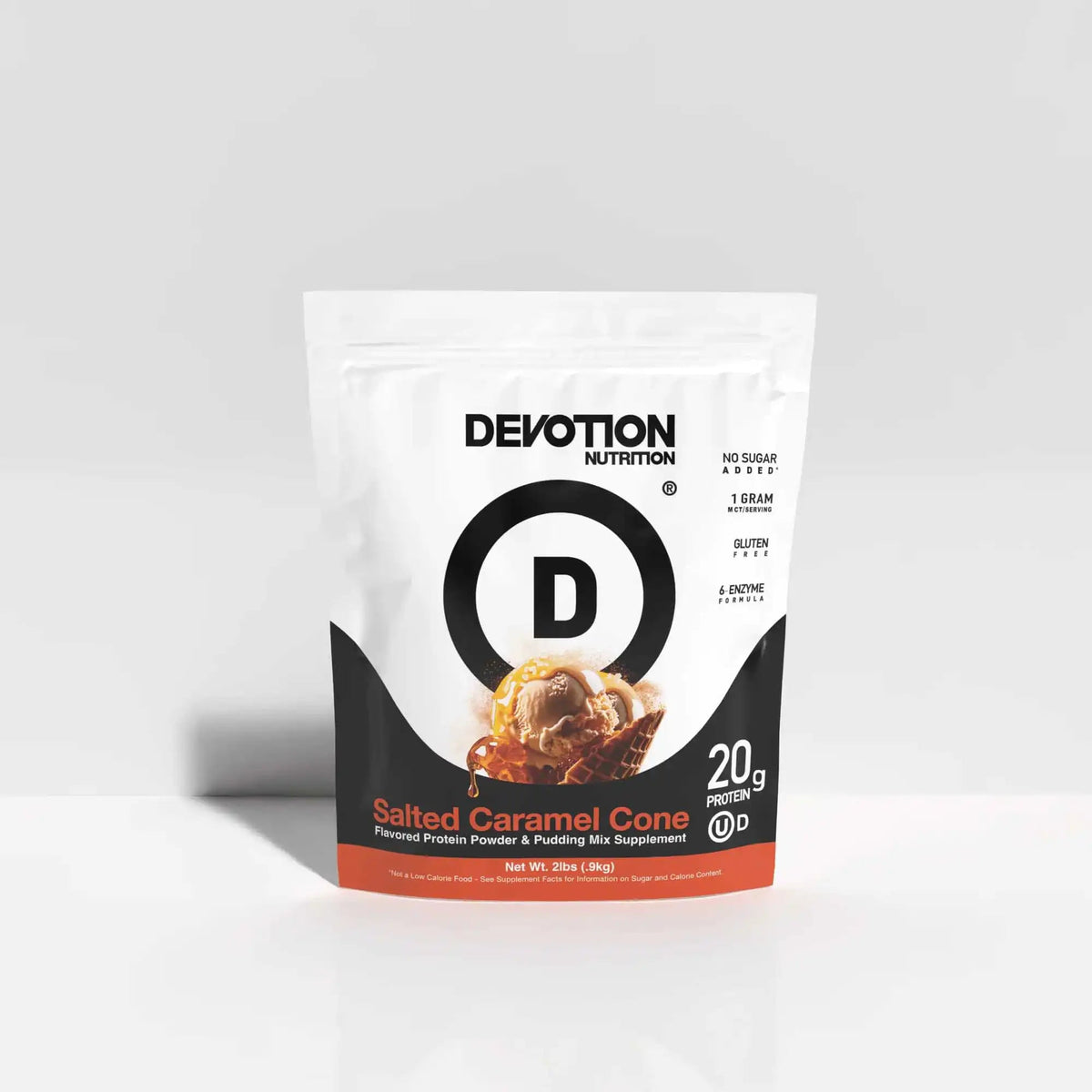 Protein powder package with 'Devotion Nutrition' branding on a light gray background