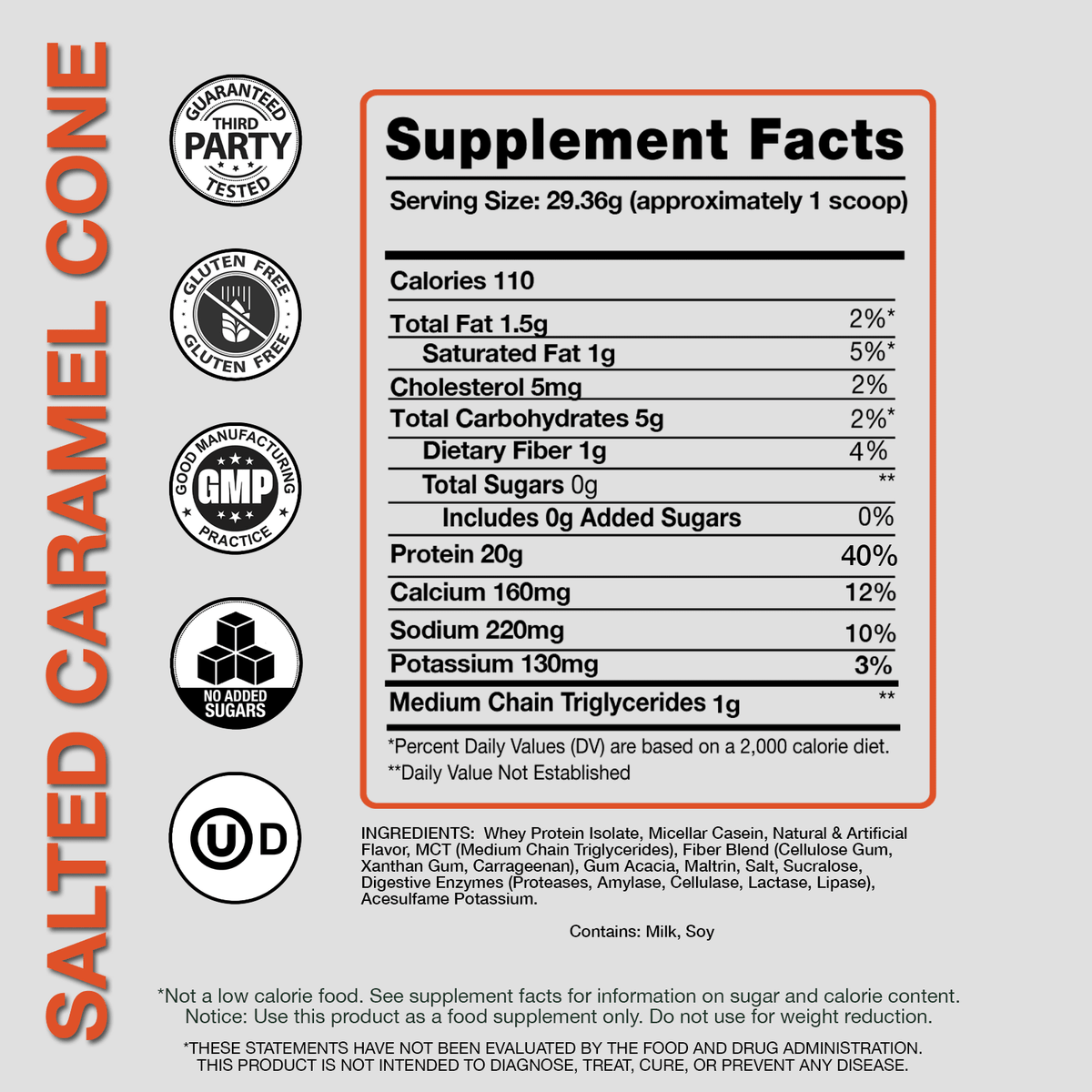 Supplement facts label Devotion Nutrition Protein Powder flavor 'Salted Caramel Cone' with various certification logos on a light gray background.