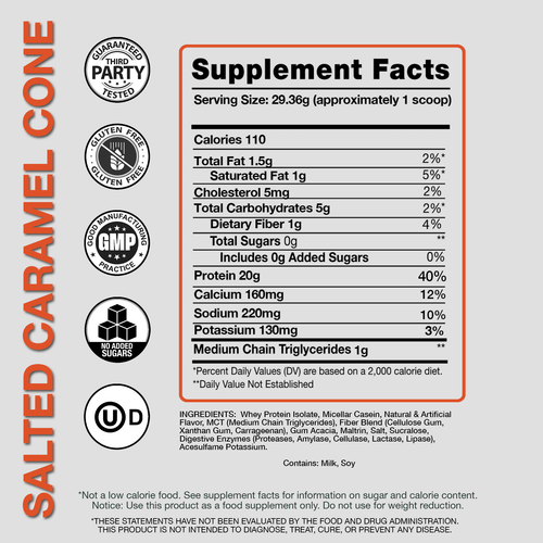 Supplement facts label Devotion Protein Powder flavor Salted Caramel Cone with certification logos on gray background