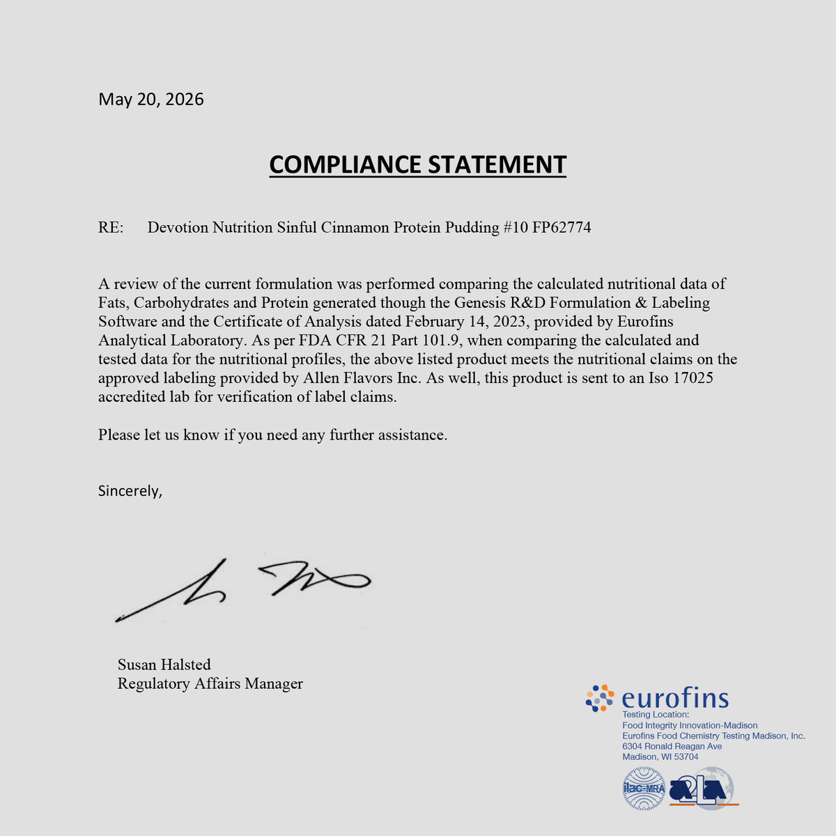 Compliance statement document with text and Eurofins logo on a gray background