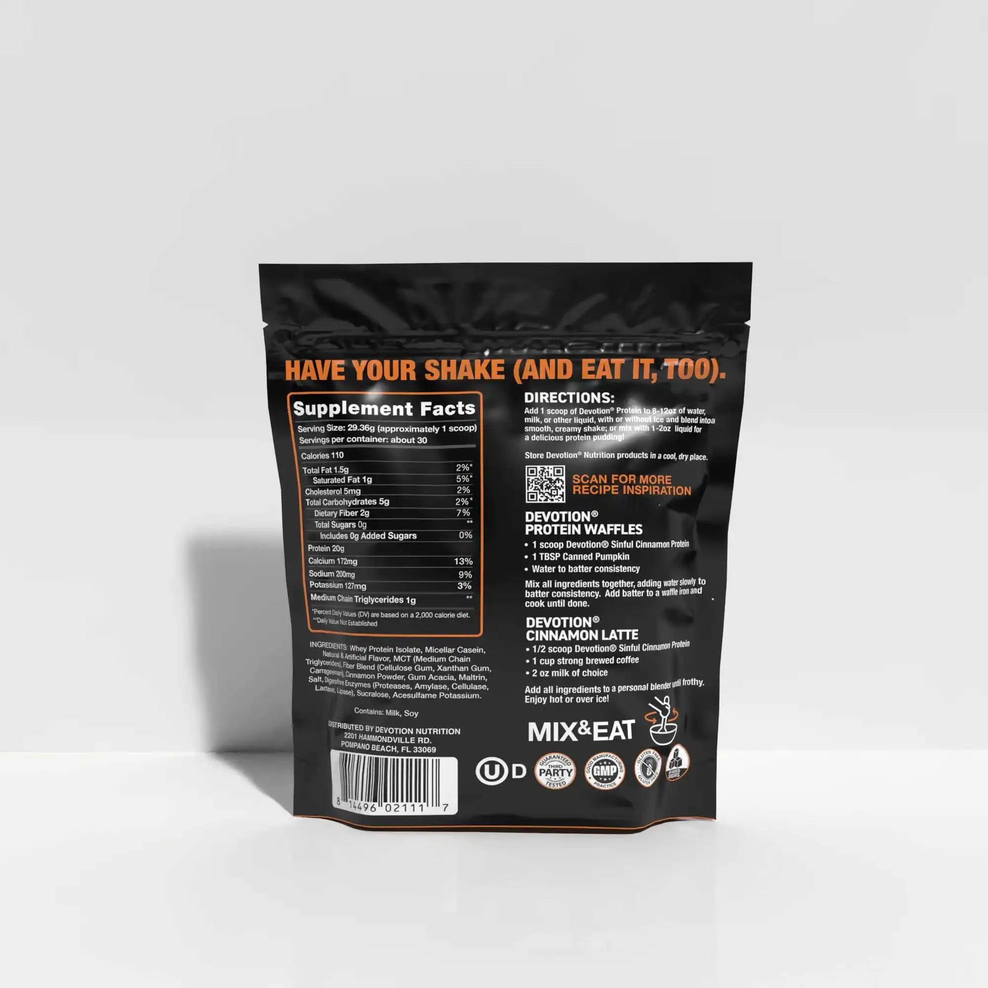 Back view of a protein powder package with text and branding on a white background