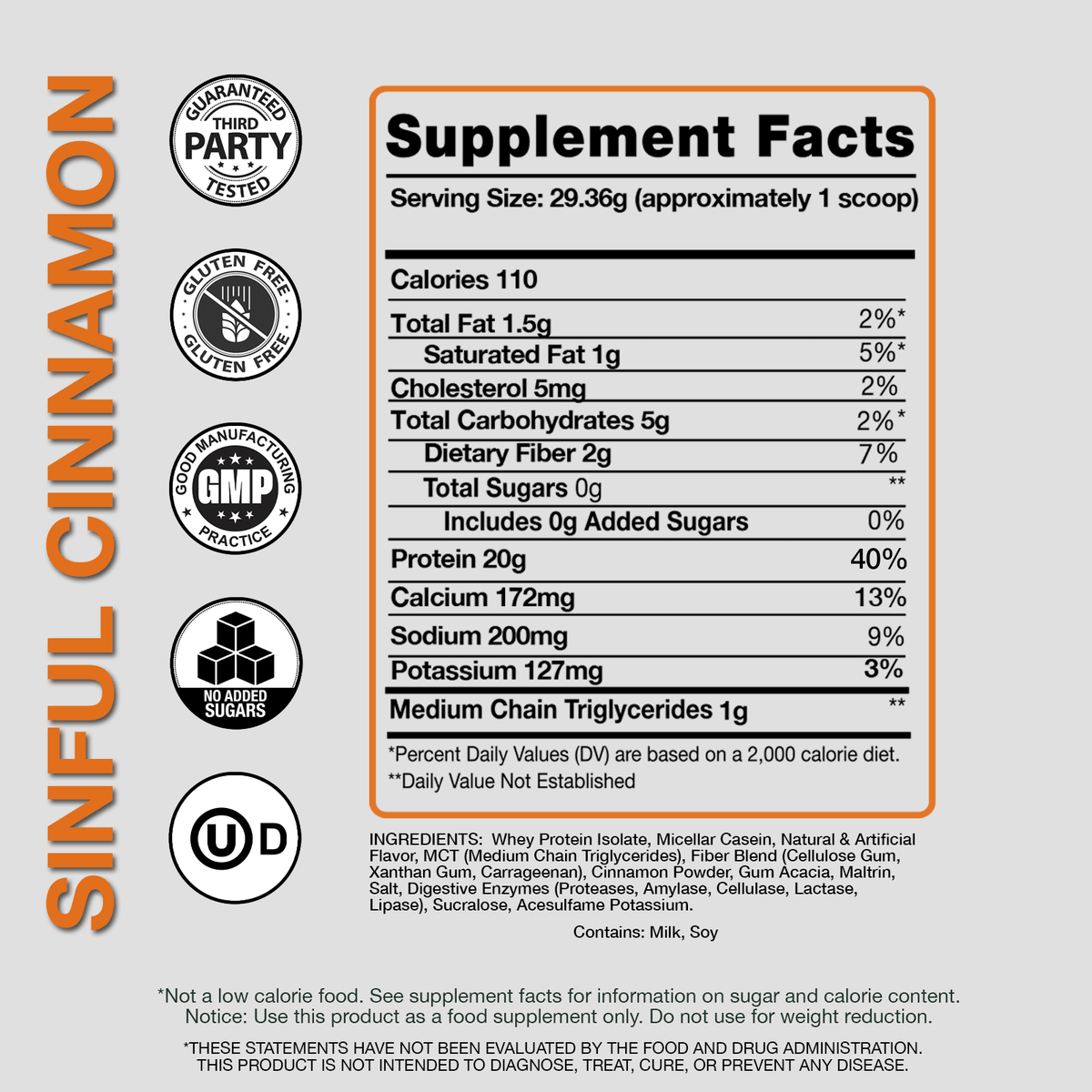 Supplement facts label for Sinful Cinnamon with various certification logos on a gray background.
