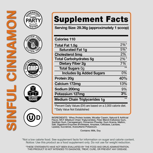 Supplement facts label for Sinful Cinnamon with various certification logos on a gray background.