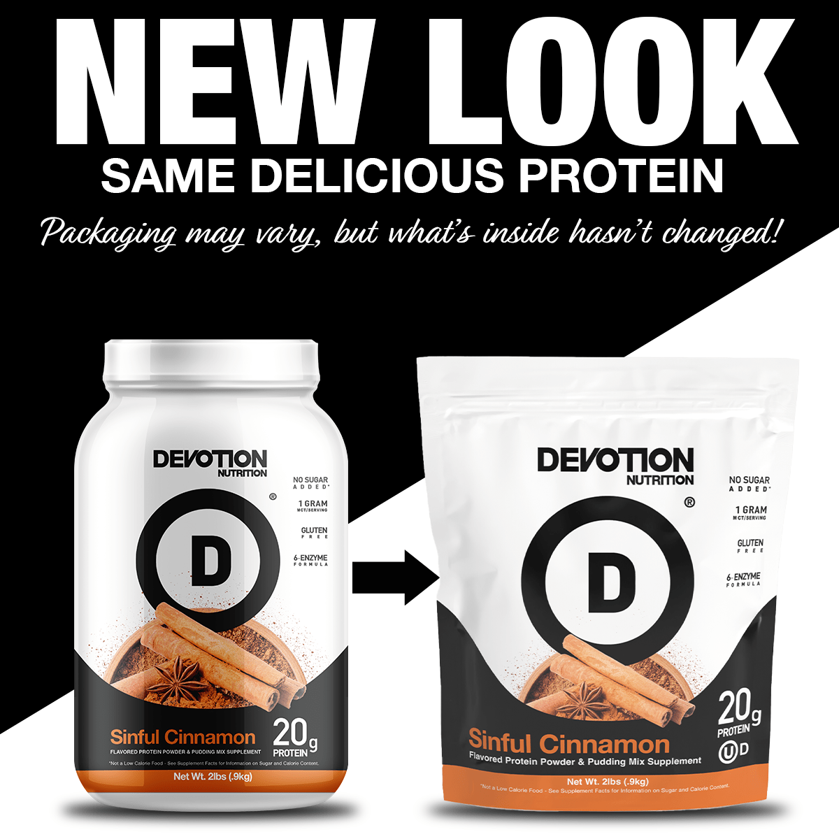 Devotion Nutrition protein powder container and package side by side with text 'NEW LOOK SAME DELICIOUS PROTEIN'.