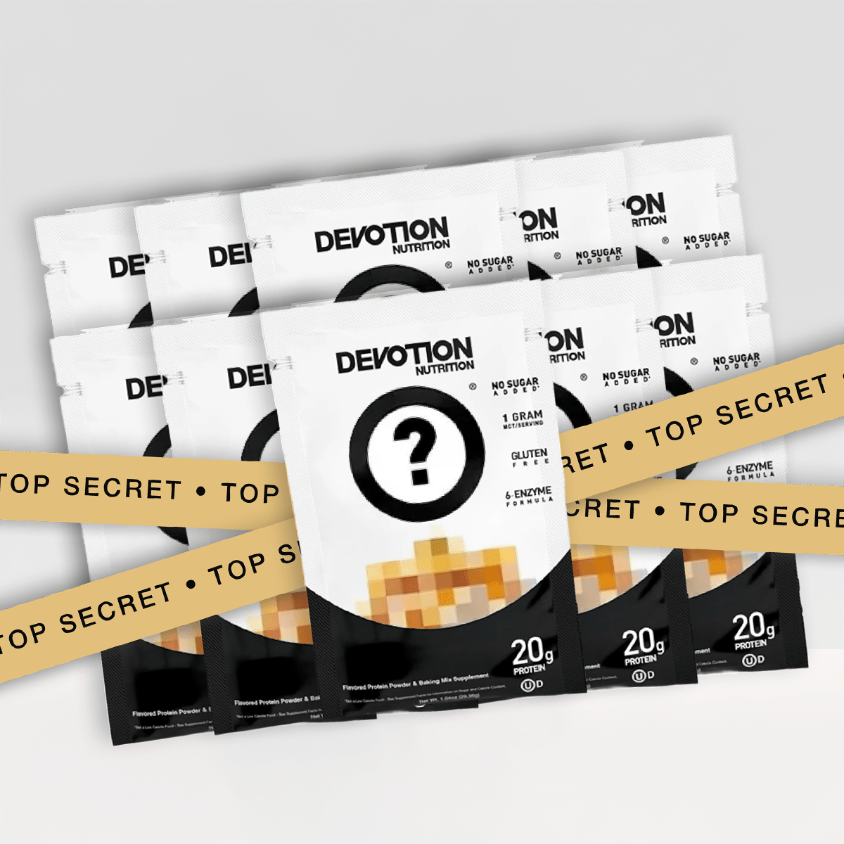 Multiple packages of Devotion Nutrition protein powder with a question mark symbol.
