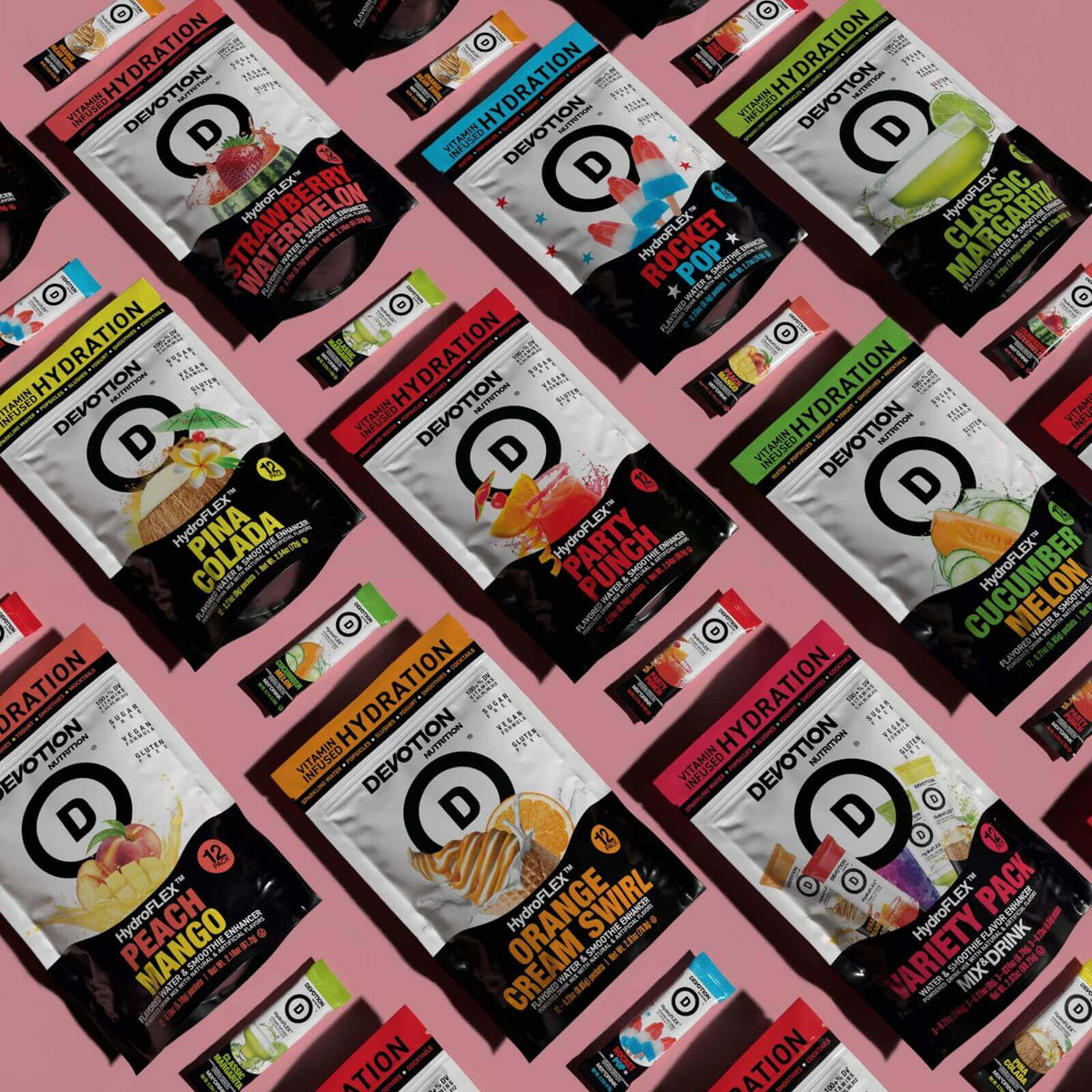Collage of various Devotion Hydration packets on a pink background