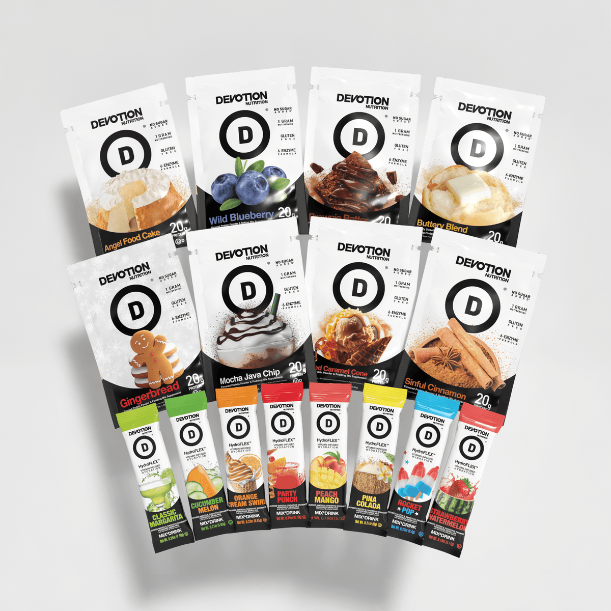 Multiple Devotion Protein Powder Sample Packs and Hydration Stick Packs Bundle