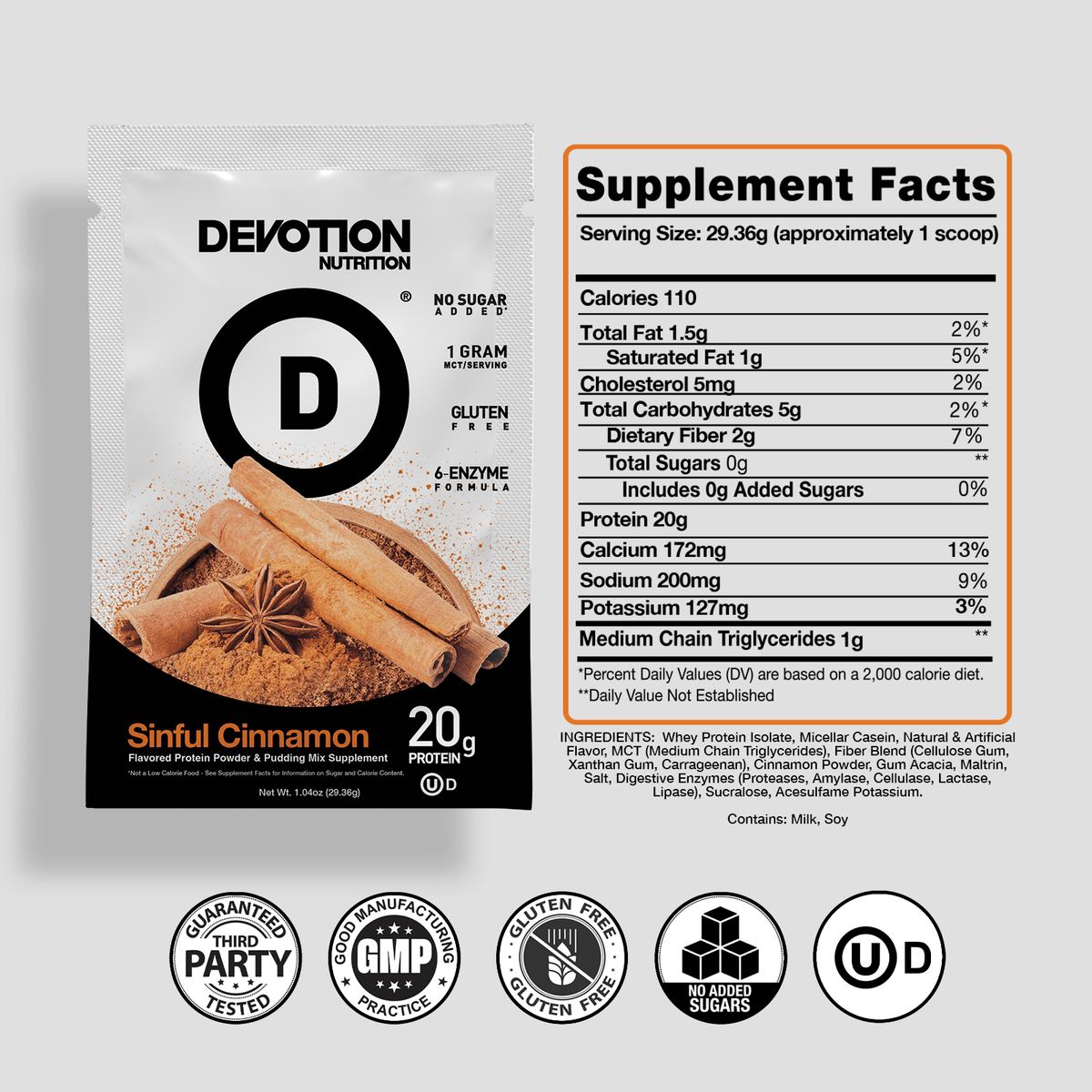 Devotion Nutrition Sinful Cinnamon supplement package with supplement facts and certifications