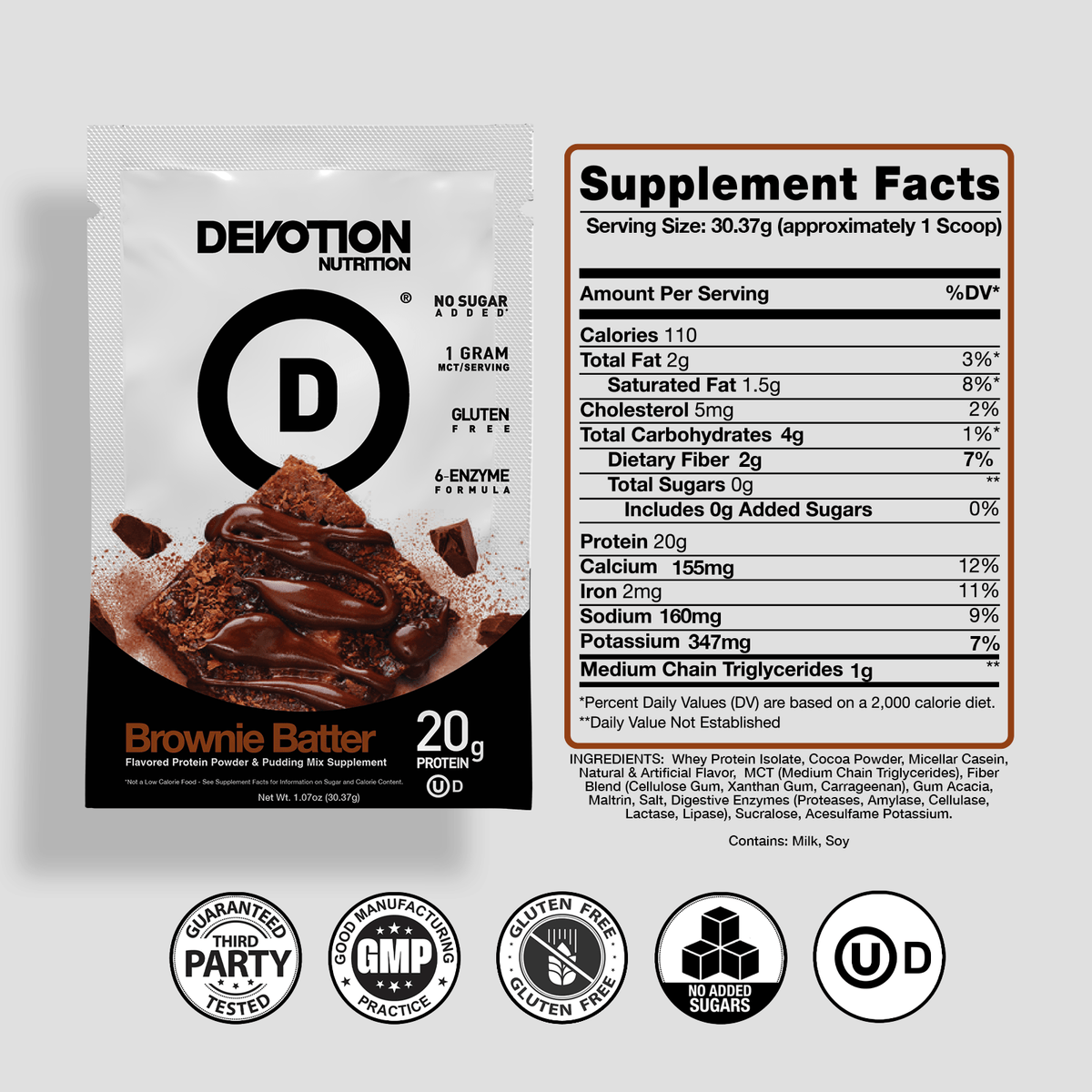 Devotion Nutrition Brownie Batter protein powder package with supplement facts and certification icons.