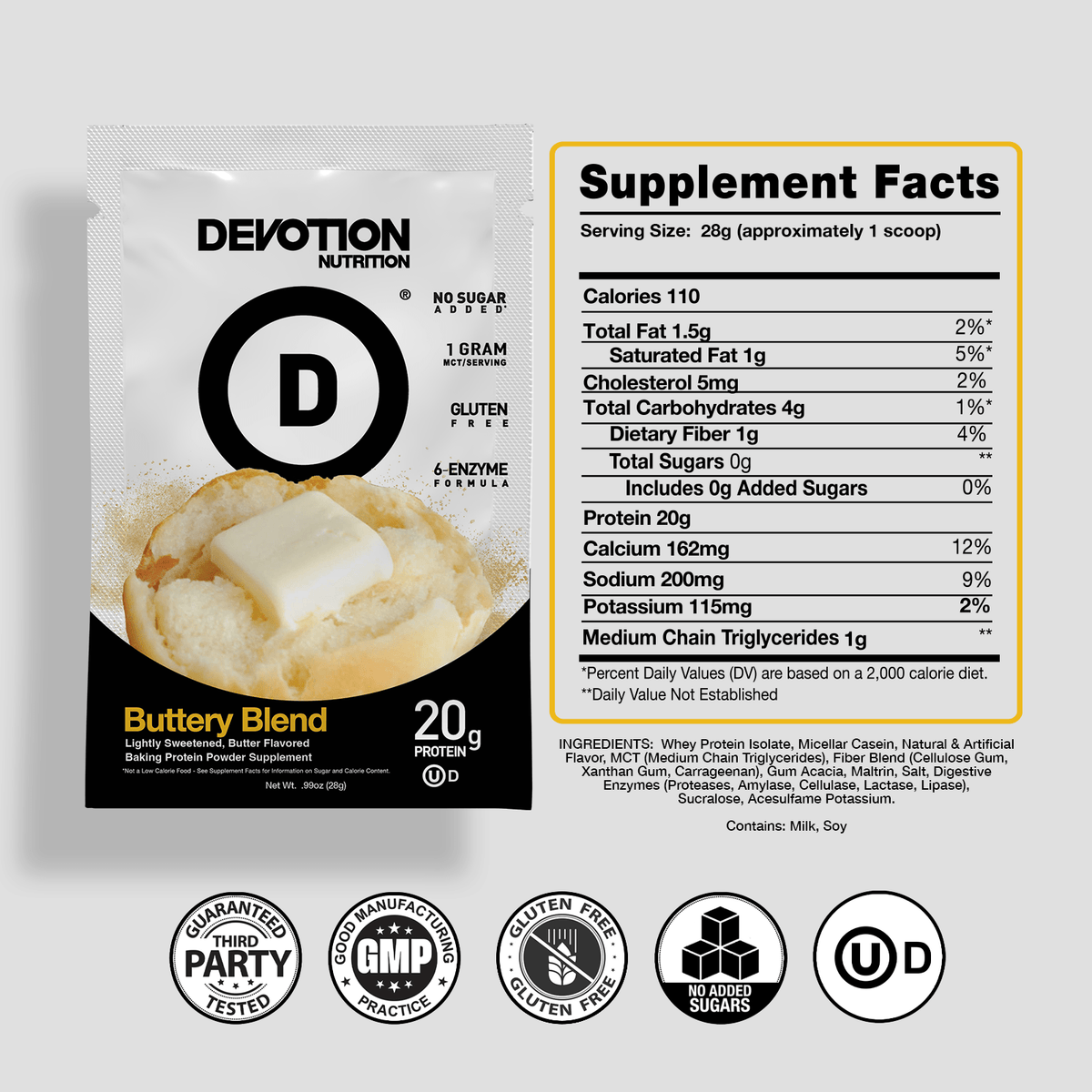 Devotion Nutrition Buttery Blend supplement package with nutritional facts and branding details.