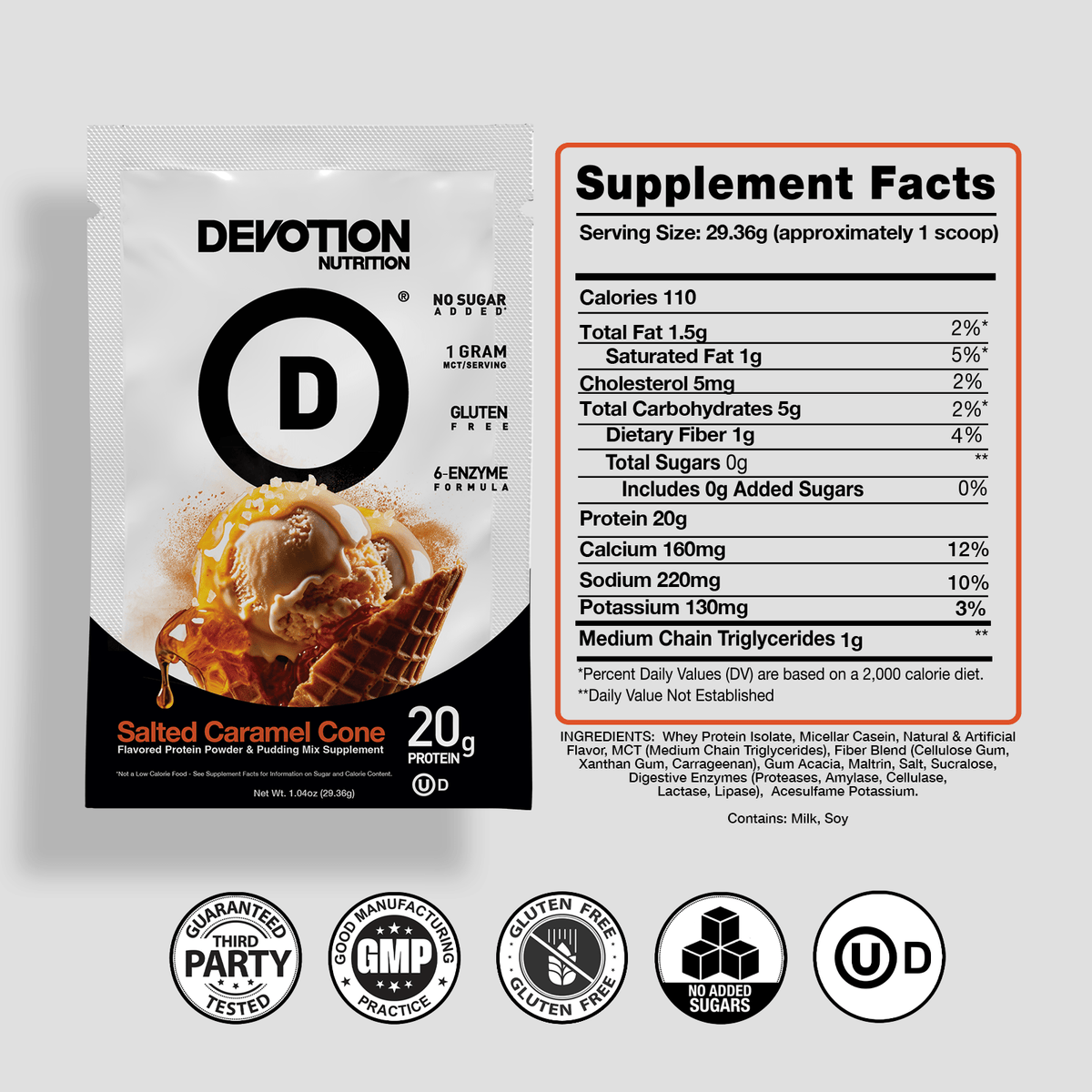 Devotion Nutrition supplement package with nutritional information and certification icons
