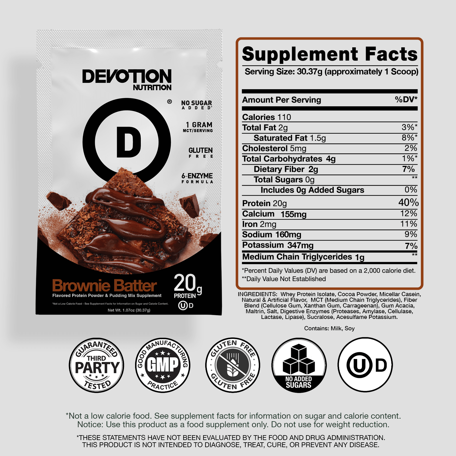 Supplement Fact Label, Ingredients List, Devotion Nutrition Brownie Batter Chocolate Protein powder on a grey background
