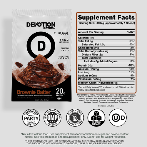Supplement Fact Label, Ingredients List, Devotion Nutrition Brownie Batter Chocolate Protein powder on a grey background with various certifications