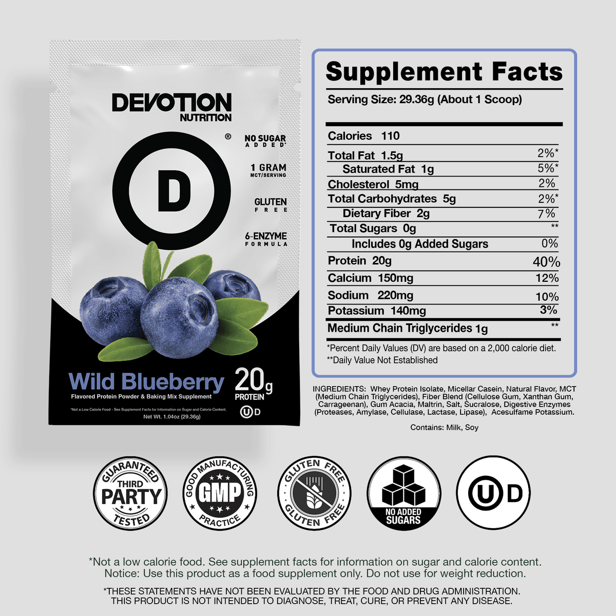 Supplement Fact Label, Ingredients List, Devotion Nutrition Blueberry Muffin Protein powder on a grey background with various certifications