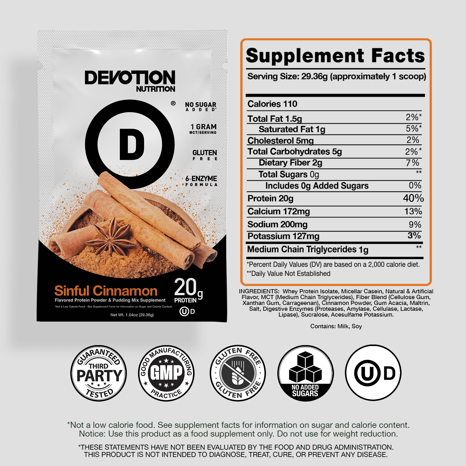 Supplement Fact Label, Ingredients List, Devotion Nutrition Sinful Cinnamon on a grey background with various certifications