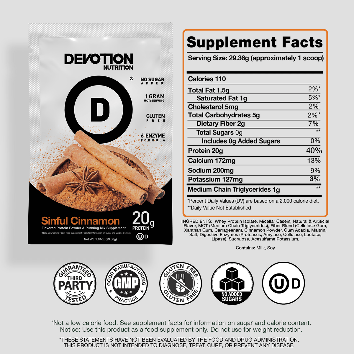 Supplement Fact Label, Ingredients List, Devotion Nutrition Sinful Cinnamon on a grey background with various certifications