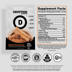 Supplement Fact Label, Ingredients List, Devotion Nutrition Sinful Cinnamon on a grey background with various certifications